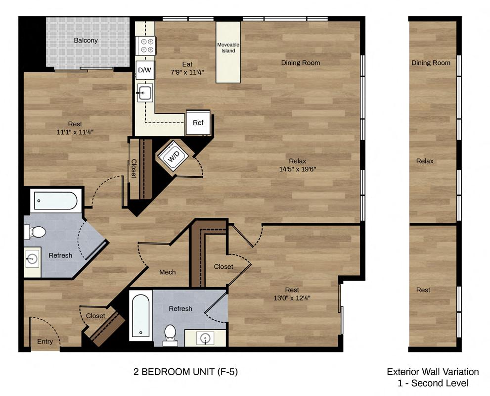 Floor plan for 2 beds, 2 baths, 1097 sqft